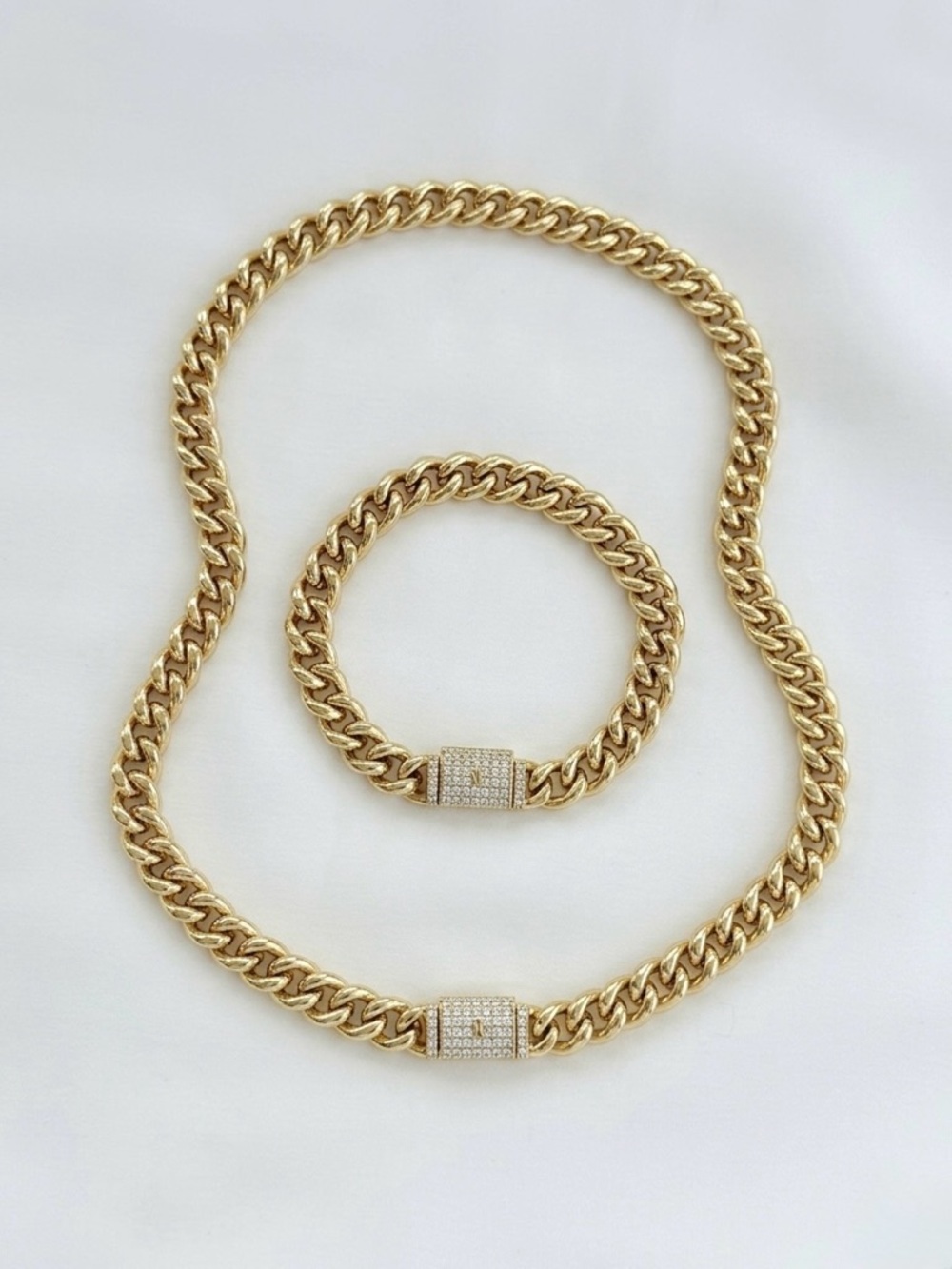 14K Gold Plated Cuban Link Necklace & Bracelet Set with CZ Pavé Box Toggle Clasp - Picture 3 of 11